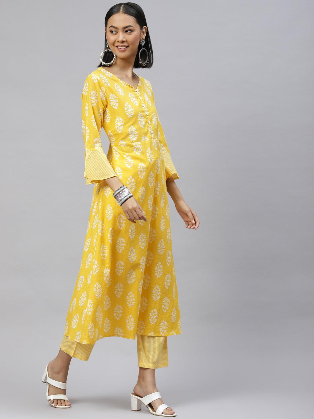 Women's Cotton Yellow Printed Kurta With Pant Set - Noz2Toz - Indiakreations