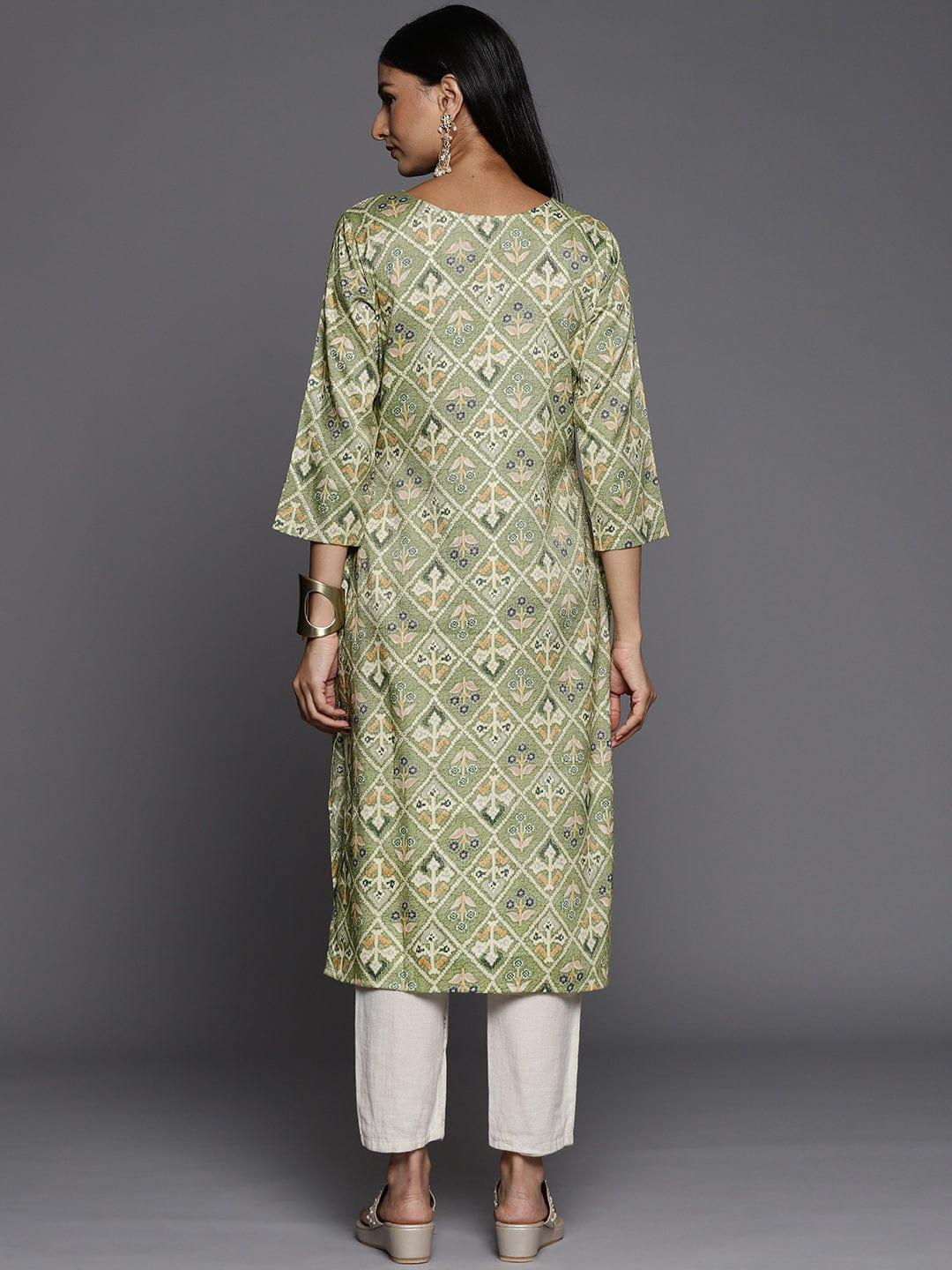 Varanga Women Green & Cream-Coloured Ethnic Motifs Printed Kurta - Indiakreations