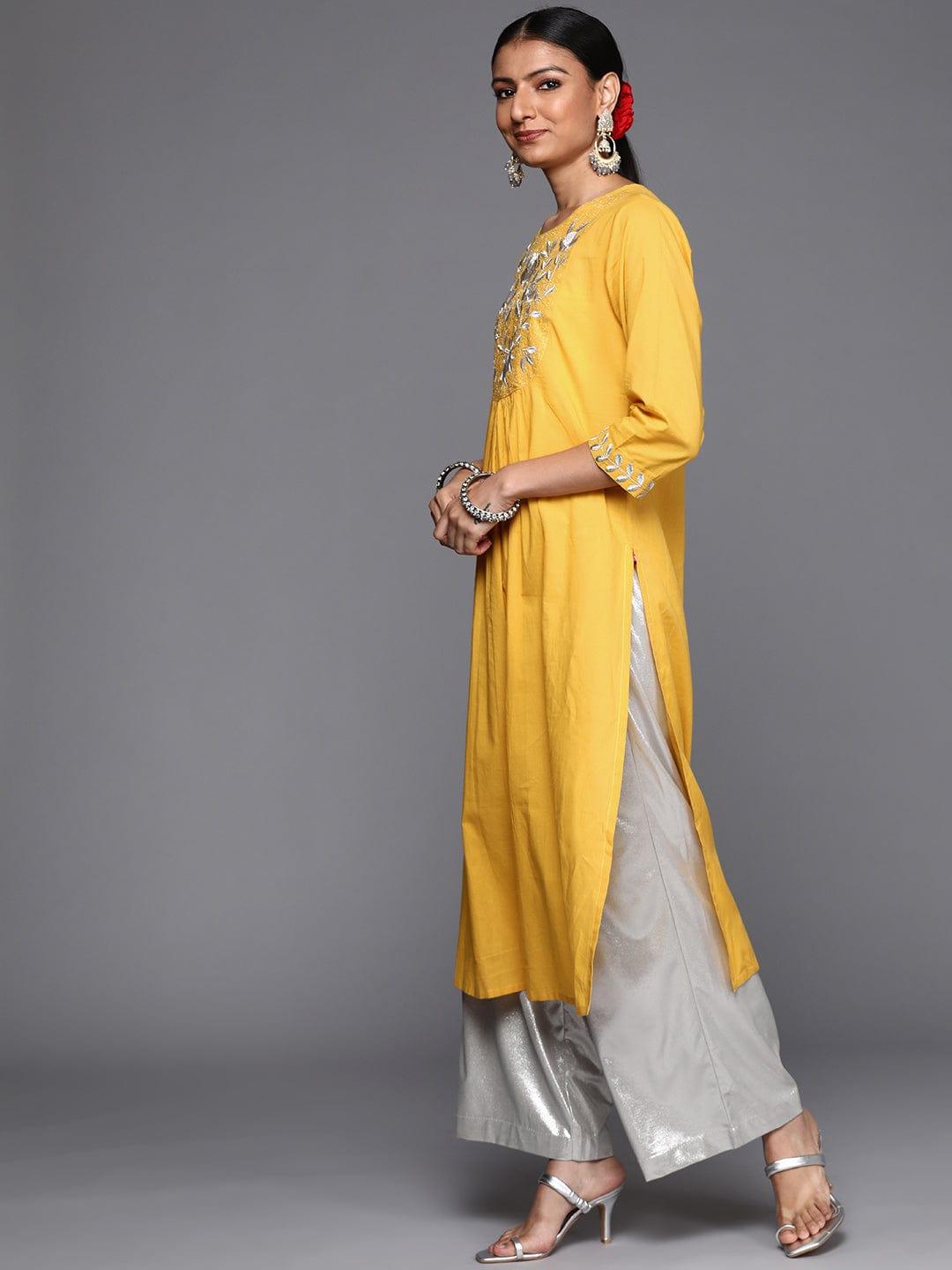 Varanga Women Mustard Yellow & White Yoke Embroidered Zari Cotton Straight Kurta - Indiakreations