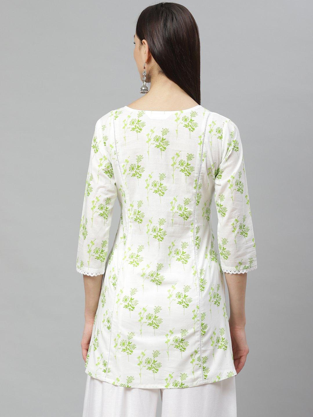 Women's Off White Cotton Printed 3/4 Sleeve Round Neck Casual Tunic - Myshka - Indiakreations