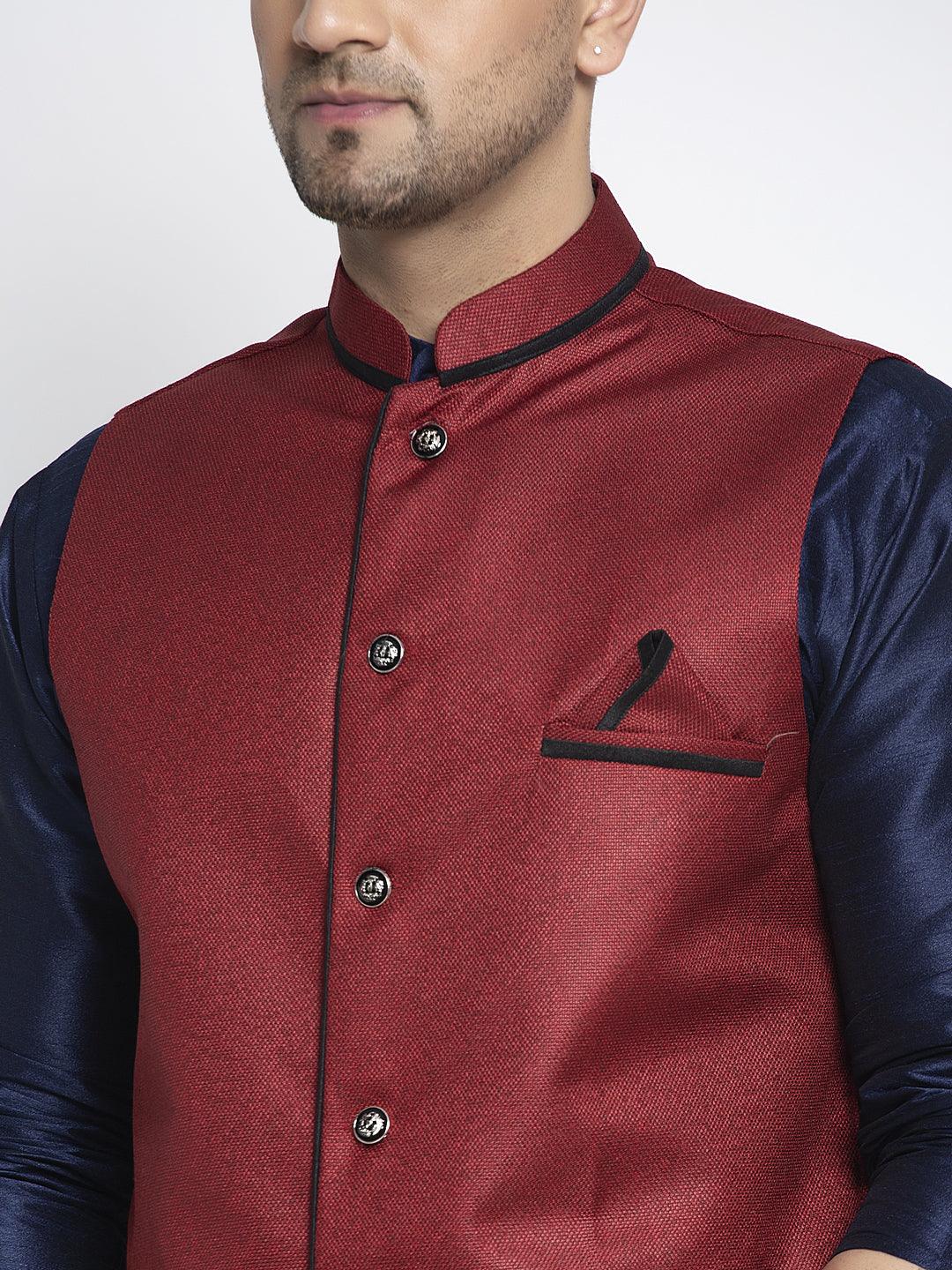 Men's Silk Blend Navy Blue Kurta With Pyjama & Maroon Nehru Jacket - Benstoke - Indiakreations