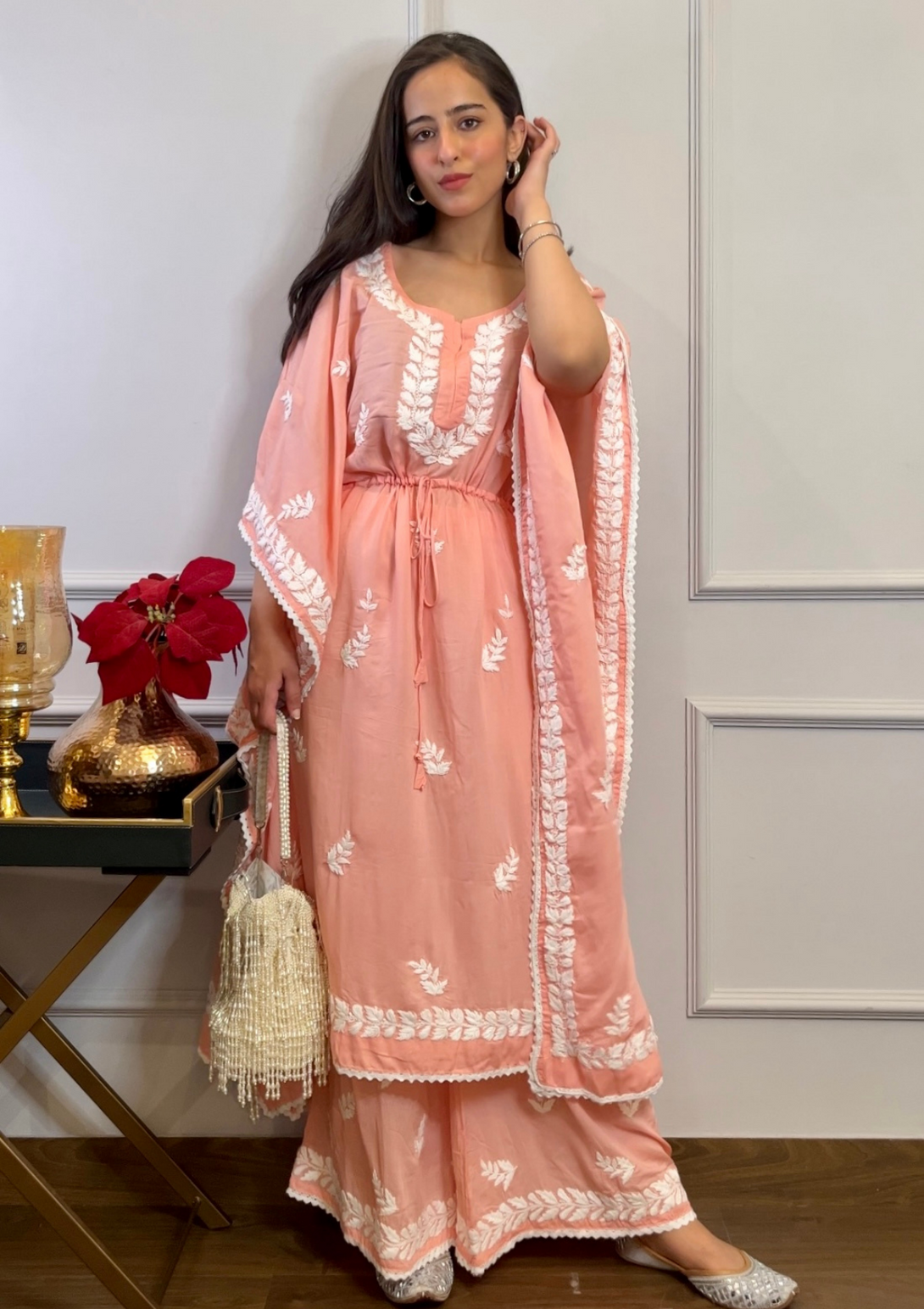 Afreen kaftan set with Chikankari embroidery and modal cotton in peach colour