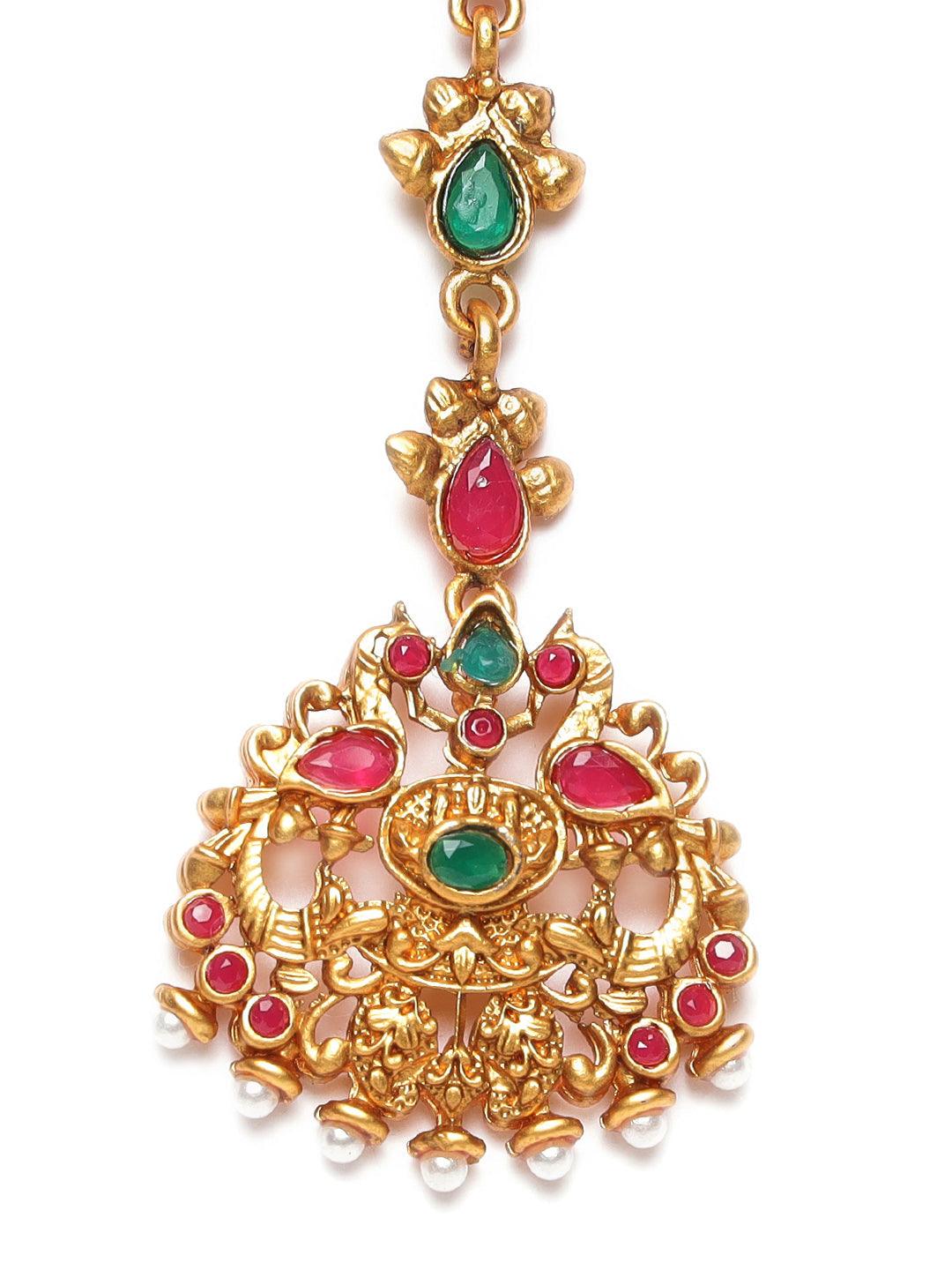 Women's Gold Plated Red & Green stone Studded Peacock Mangtikka - Jazz and Sizzle - Indiakreations