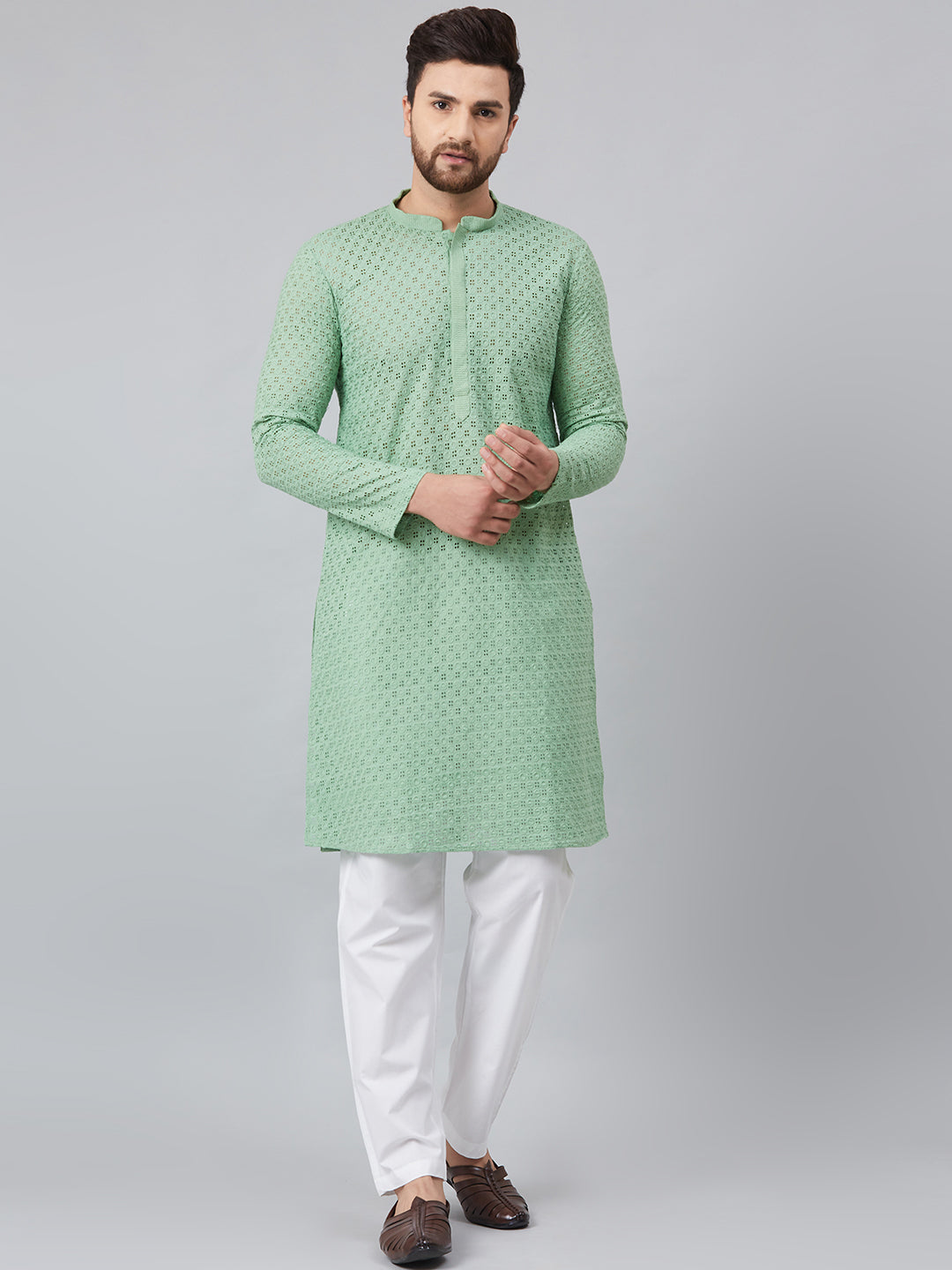 Men's Green Chikankari Embroidered Woven Design Straight Kurta - See Designs