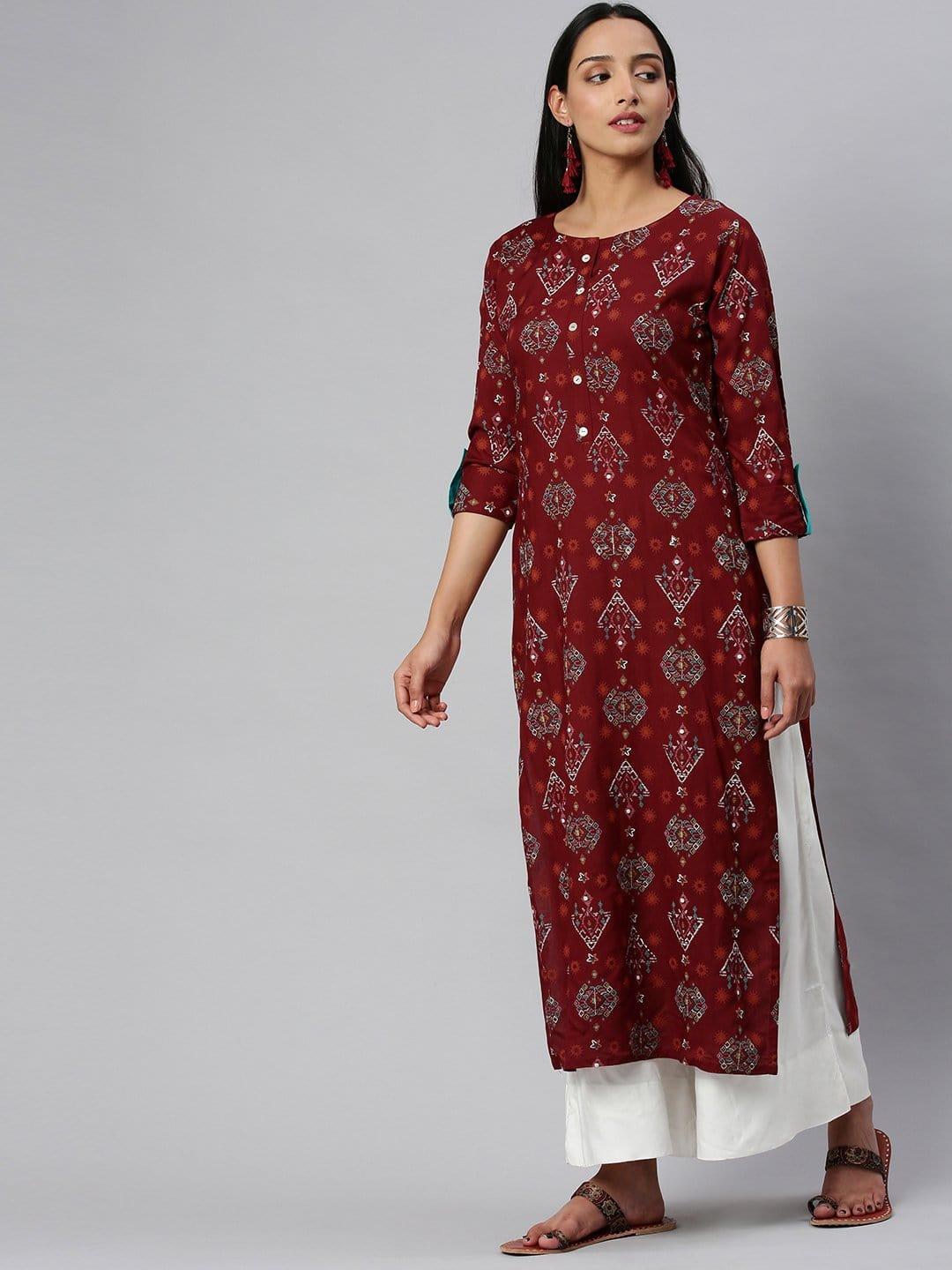 KSUT Maroon Abstract Printed Straight Kurta With 3/4Th Sleeves - Indiakreations