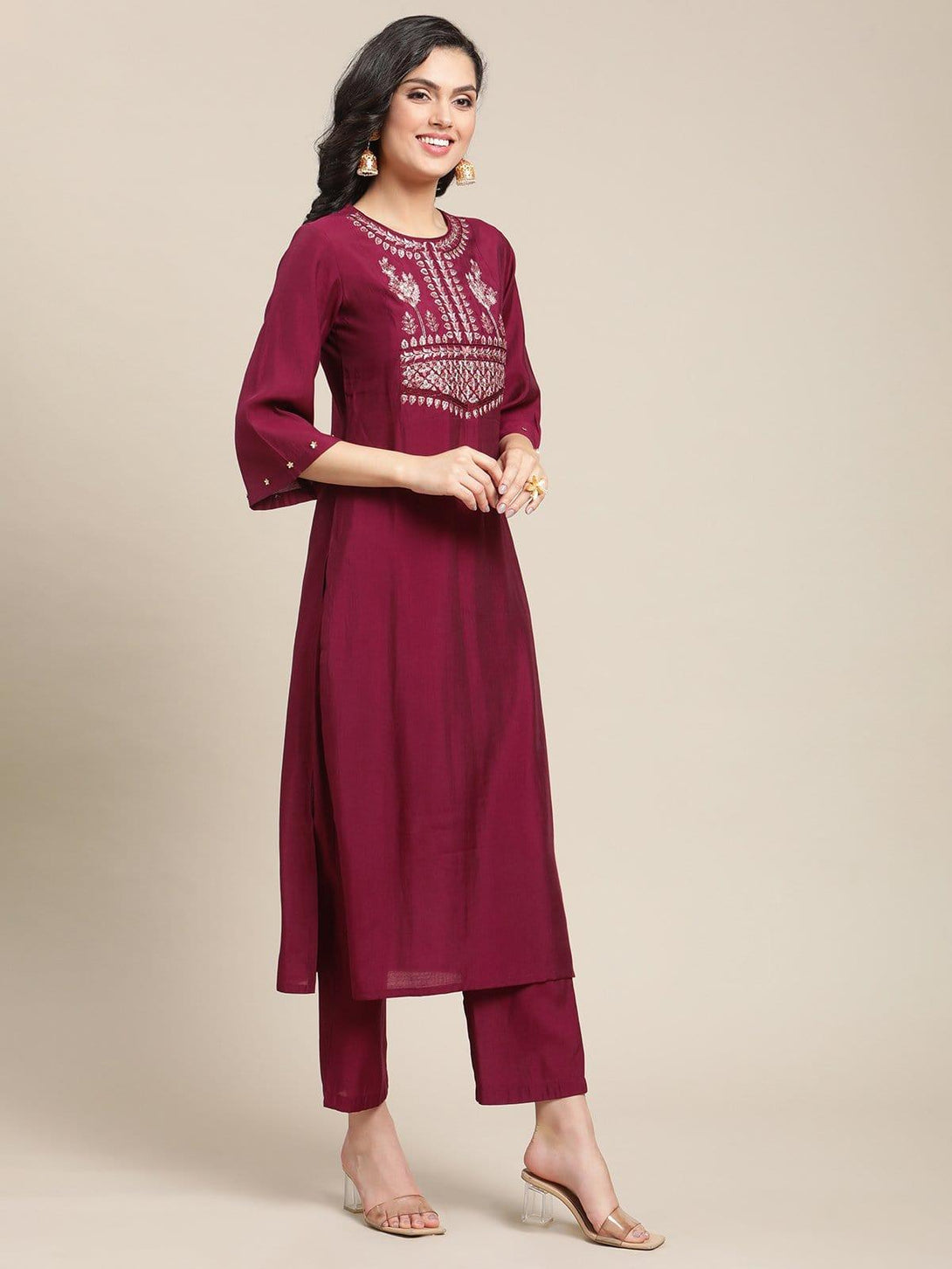 Wine Zari And Resham Yoke Embroidery Kurta Trouser Set With Mauve Silk Dyed Dupatta - Indiakreations