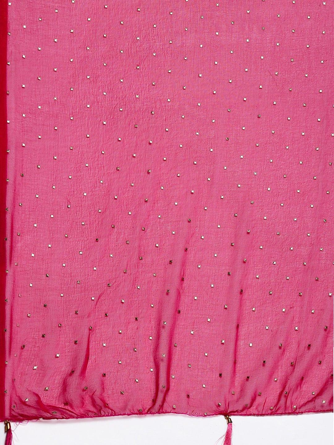 Varanga Women Pink Bandhani Printed Gotta Patti Pure Cotton Kurta with Trousers & With Dupatta - Indiakreations