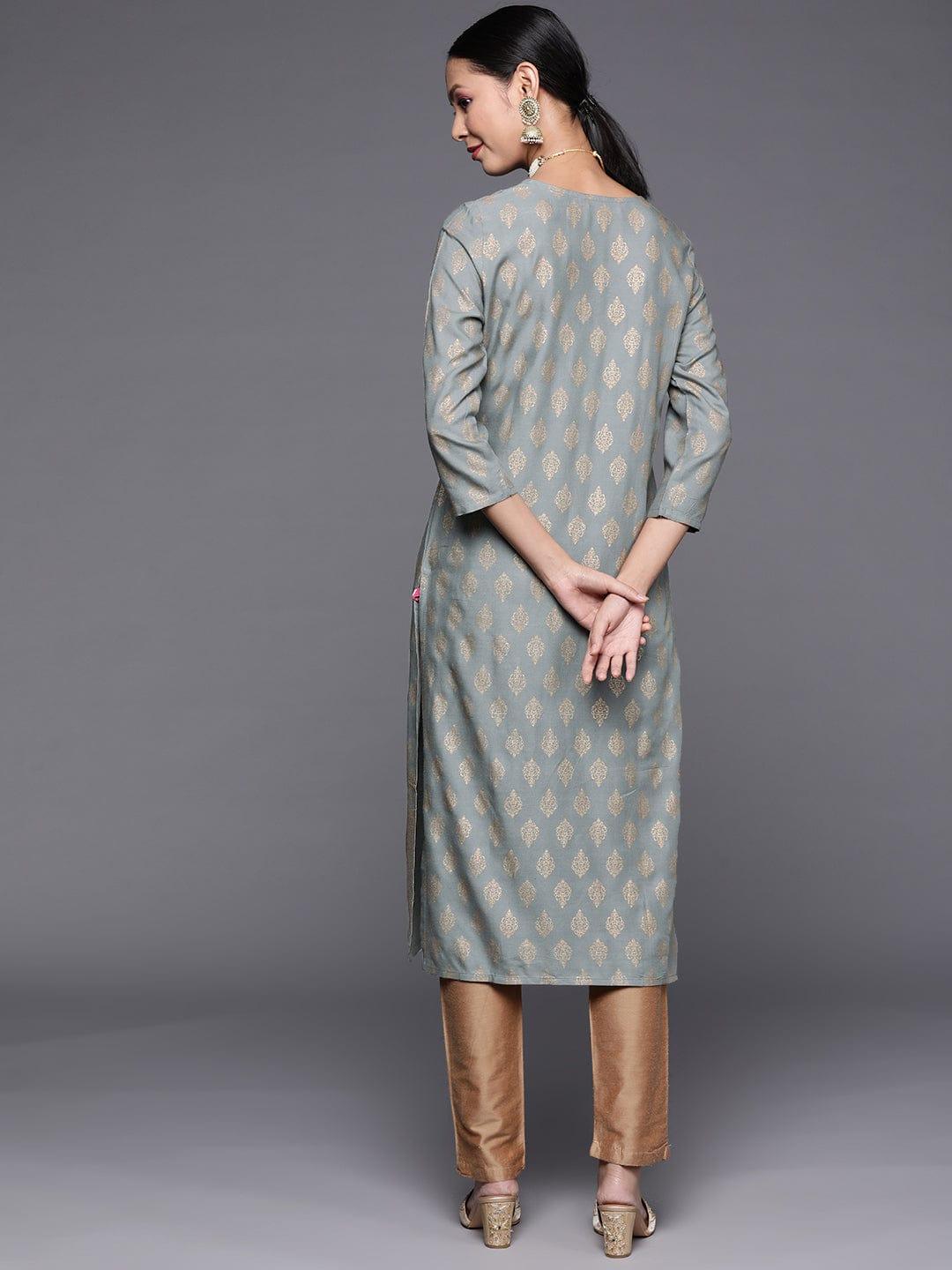 Varanga Women Grey & Golden Ethnic Motifs Printed Kurta - Indiakreations