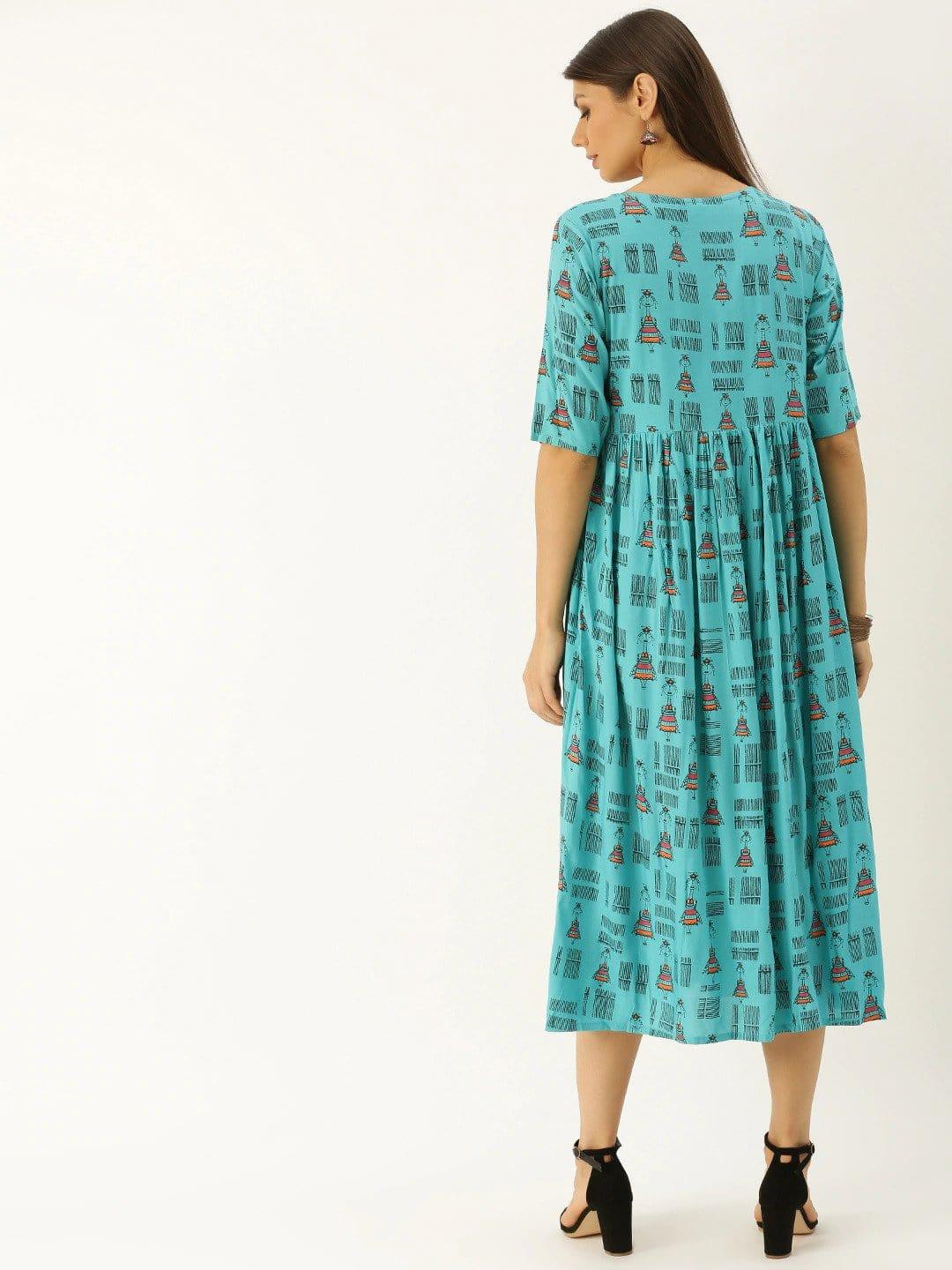 Turquoise Blue & Black Printed A-Line Dress with Gathered Detail - Indiakreations