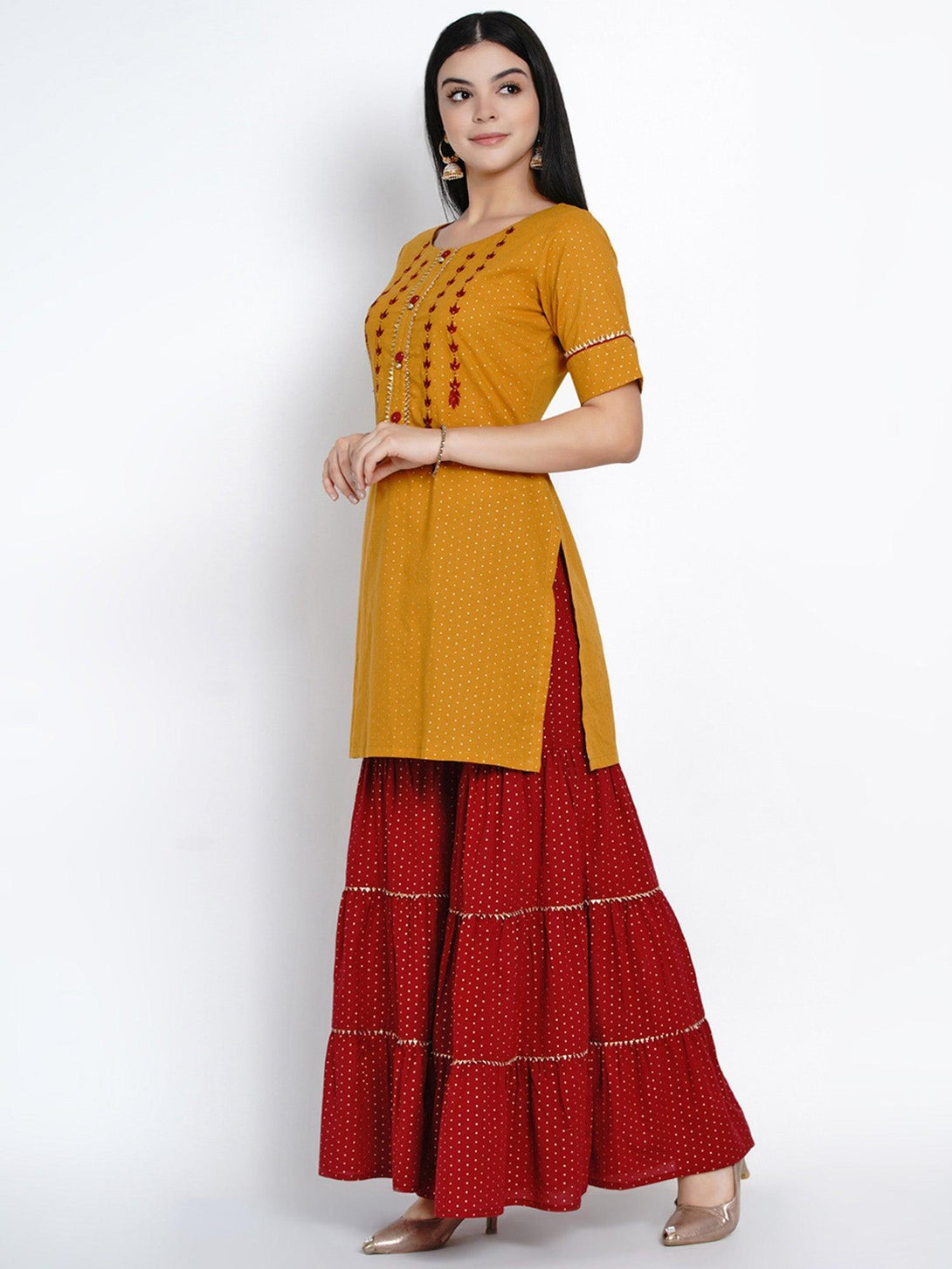 Women's Mustard Embroidered Kurta with Sharara - Women Republic - Indiakreations