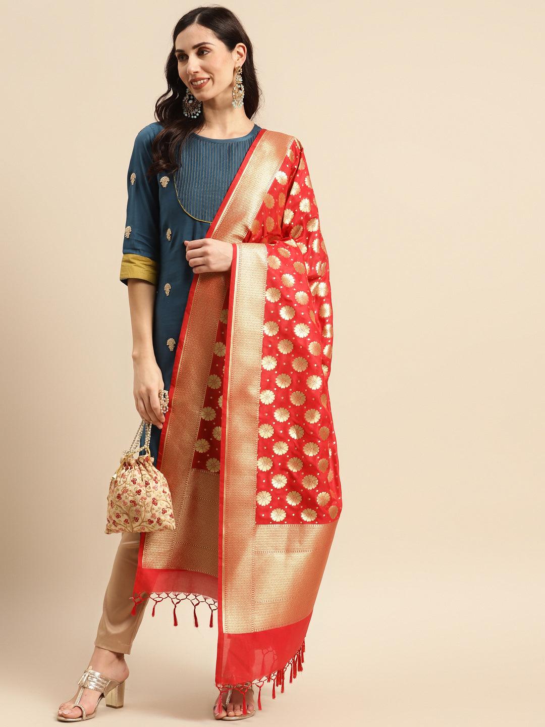 Women's Red Color Ethnic Motifs Woven Design Dupatta With Zari - Varanasi - Indiakreations