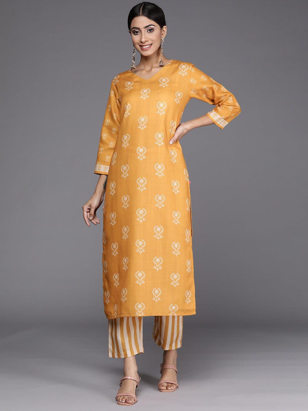 Varanga Winter mustard digital printed kurta with v neckline paired with straight trouser - Indiakreations