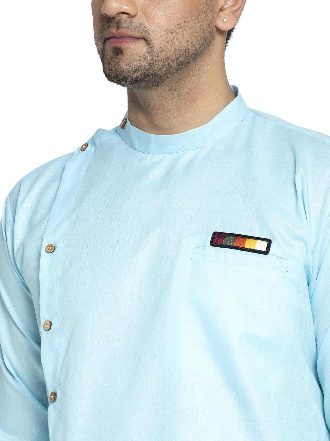 Men's Cotton Sky Blue Asymmetric Solid Kurta With White Trousers - Benstoke - Indiakreations