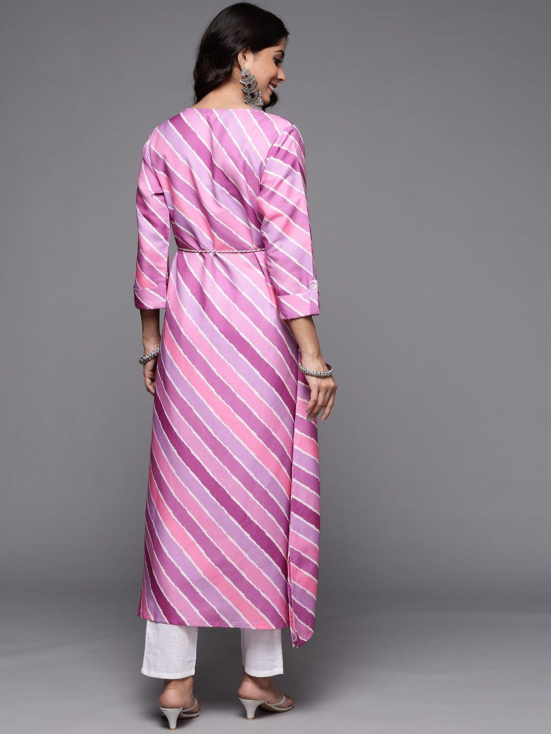 Varanga Women Pink & Purple Striped Thread Work Kurta - Indiakreations