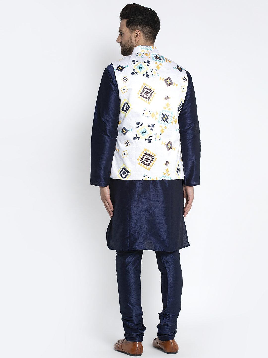 Men's Silk Blend Navy Blue Kurta With Pyjama & White Printed Nehru Jacket - Benstoke - Indiakreations