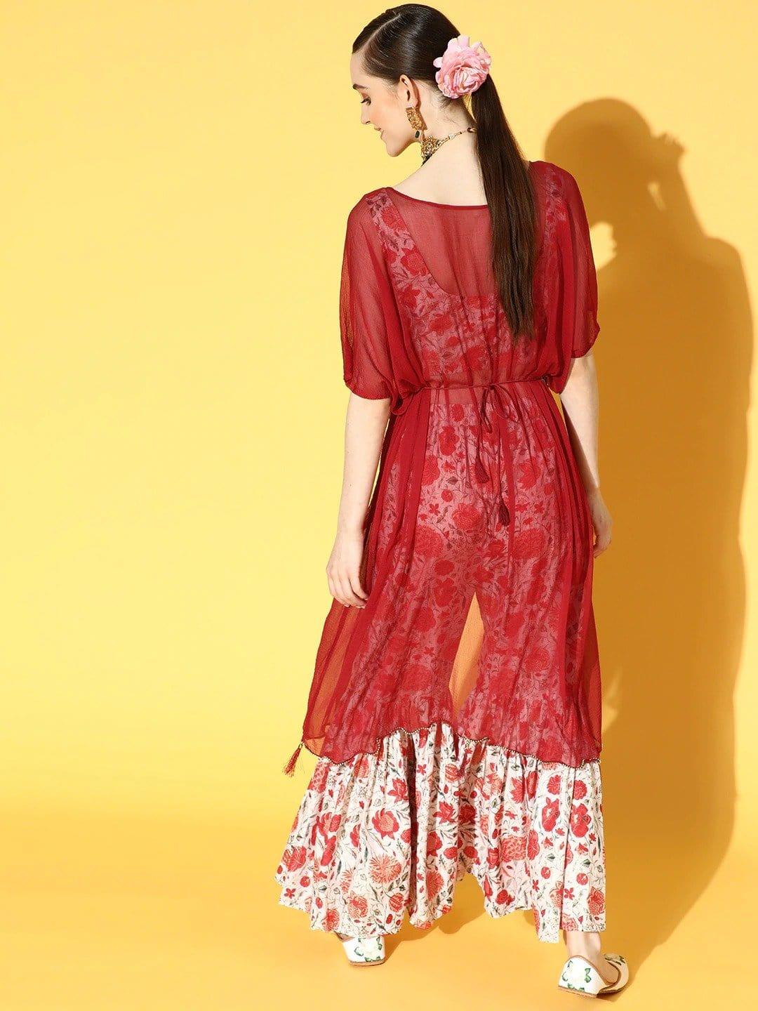 Printed Blouse With Sharara And Cape And Stylised With Embroidered Belt - Indiakreations