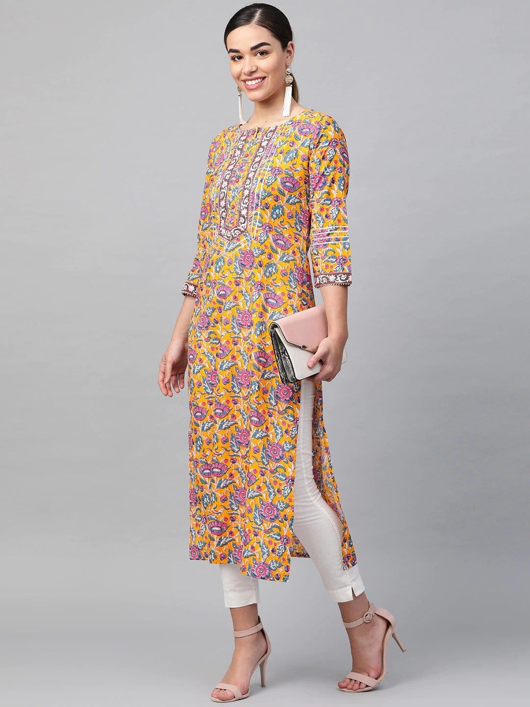 KSUT Mustard Yellow & Blue Printed Straight Kurta - Indiakreations