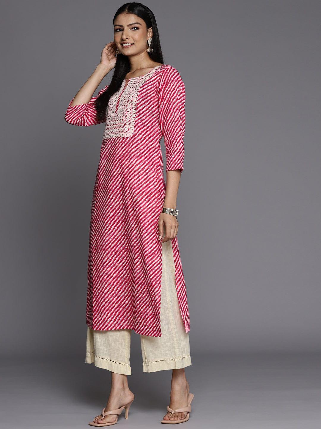 Varanga Women Pink Leheriya Striped Kurta - Indiakreations