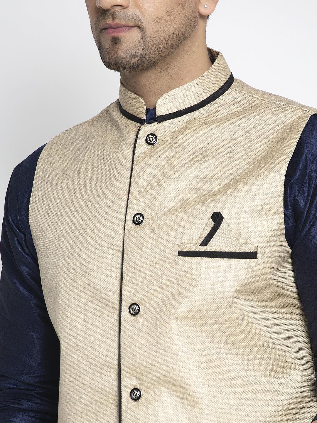 Men's Silk Blend Navy Blue Kurta With Pyjama & Beige Nehru Jacket - Benstoke - Indiakreations