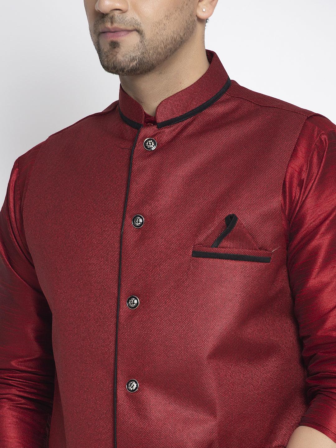 Men's Silk Blend Maroon Kurta With Pyjama & Maroon Nehru Jacket - Benstoke - Indiakreations