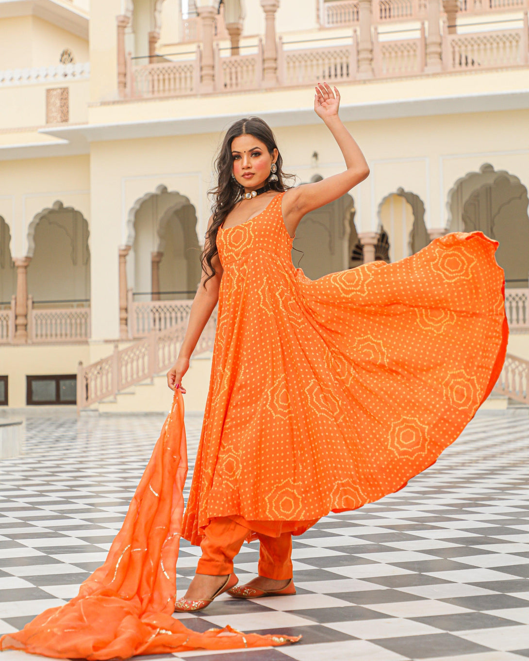 Women's Orange Bandhej Modal Anarkali Kurta Pant Dupatta Set - Baisacrafts - Indiakreations