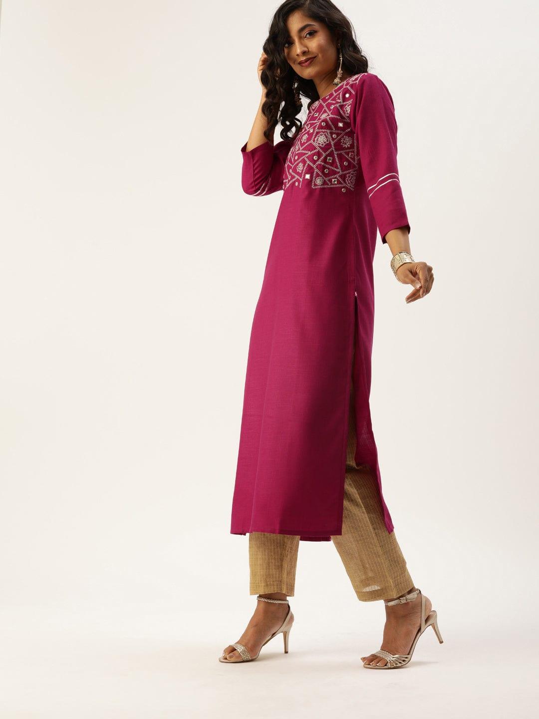 Magenta Pink Yoke Design Straight Kurta with Gotta Patti & Sequins - Indiakreations