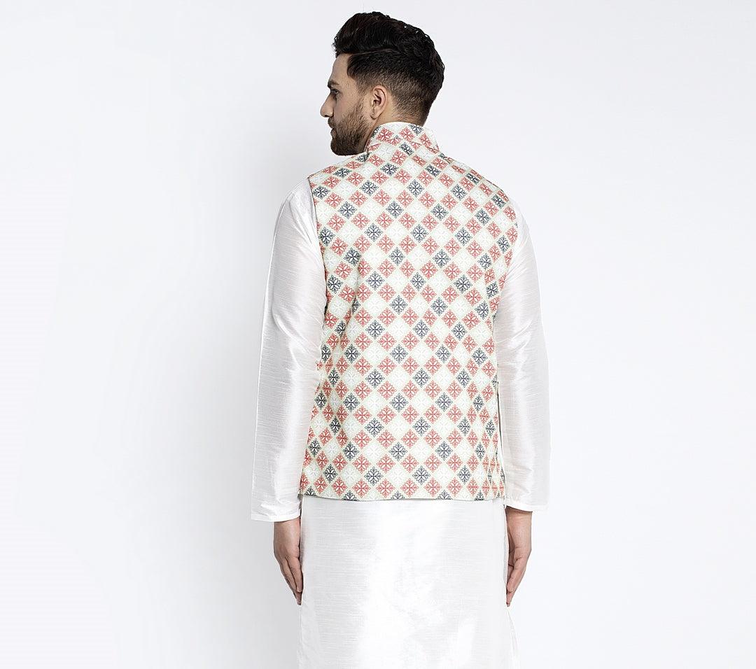 Men's Lime Green & Red Printed Nehru Jacket - Benstoke - Indiakreations