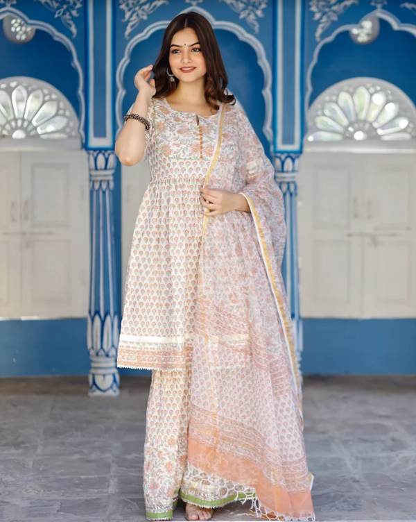 Women's Orange Motif Block Printed White Kurta Sharara Set Paired With Kota Doria Dupatta - Pheeta