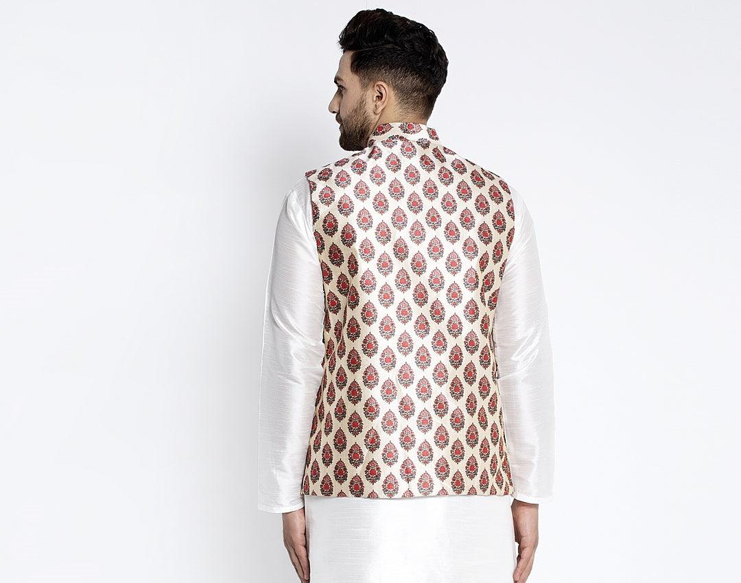 Men's Cream & Red Printed Nehru Jacket - Benstoke - Indiakreations