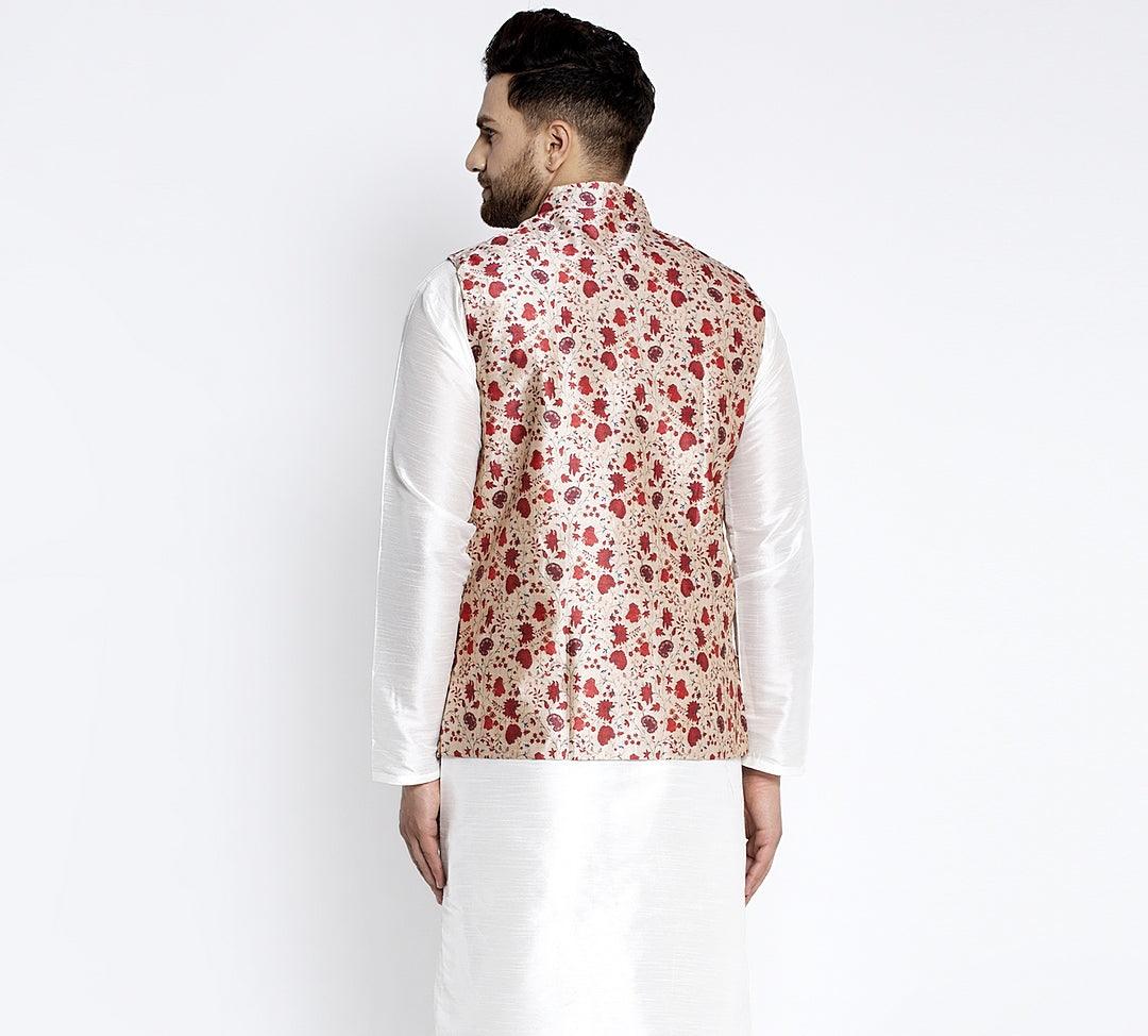 Men's Cream & Red Printed Nehru Jacket - Benstoke - Indiakreations