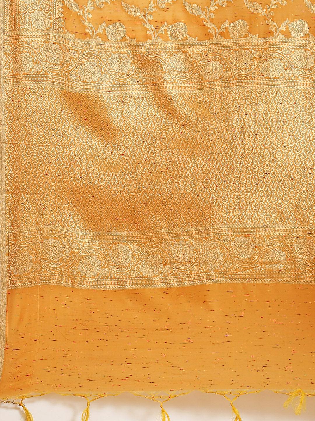 Women's Orange Cotton Silk Saree - Varanasi - Indiakreations