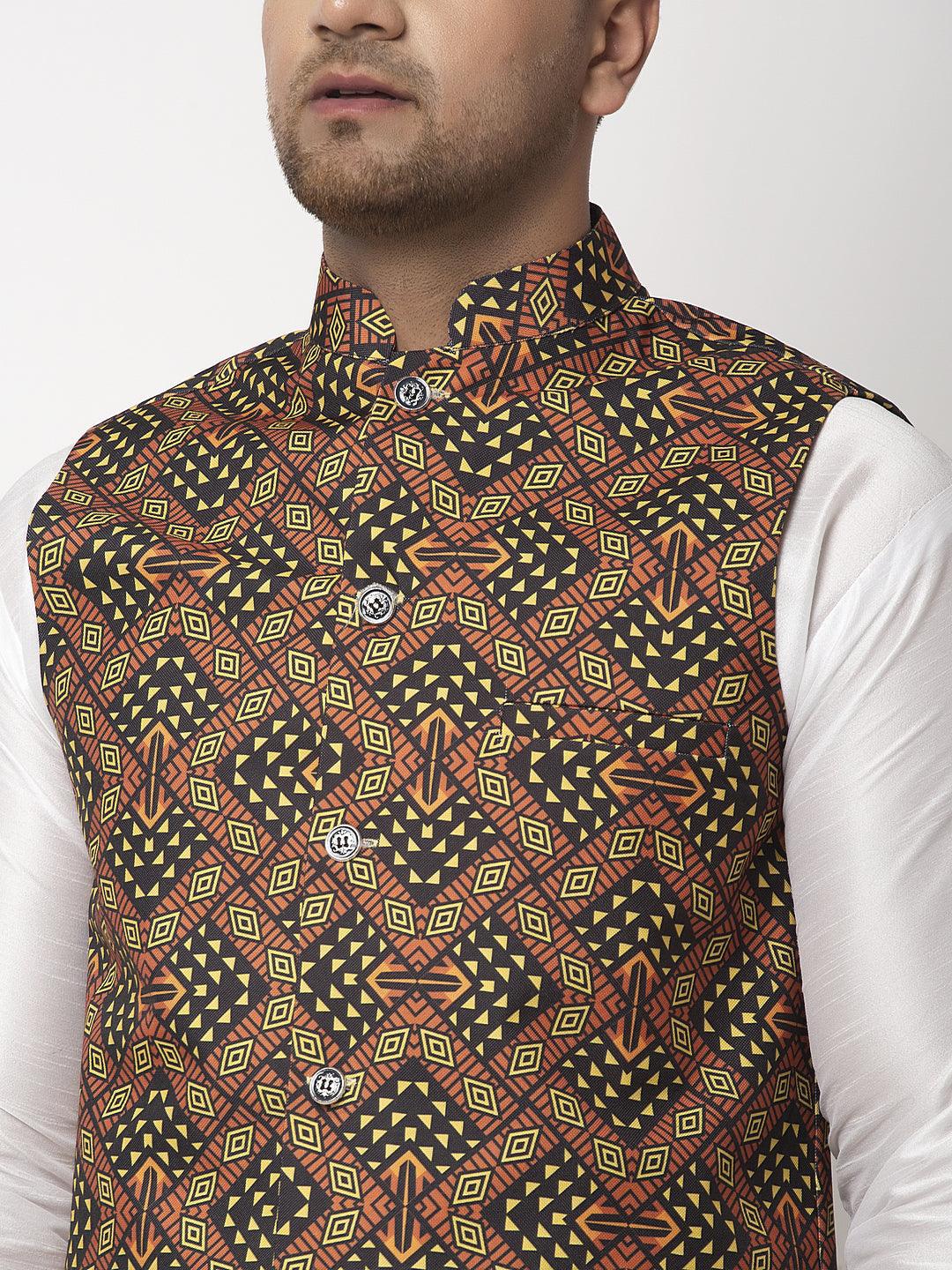 Men's Black & Brown Printed Nehru Jacket - Benstoke - Indiakreations