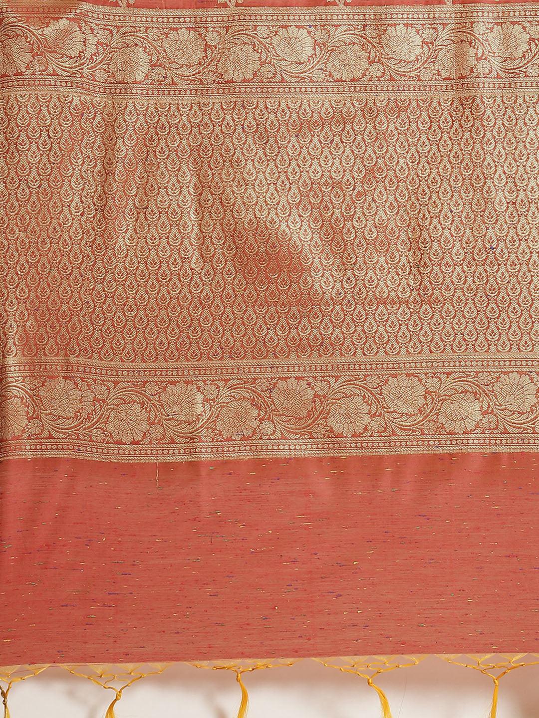 Women's Red Cotton Silk Saree - Varanasi - Indiakreations