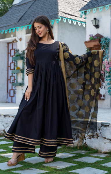 Women's Black Cotton Kurta Set with Chanderi Dupatta