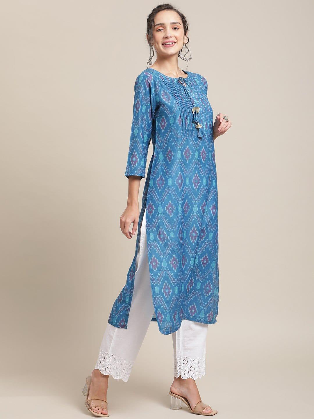 Blue Ikat Printed Round Neck Kurta With Pleated Yoke And 3/4Th Sleeves - Indiakreations