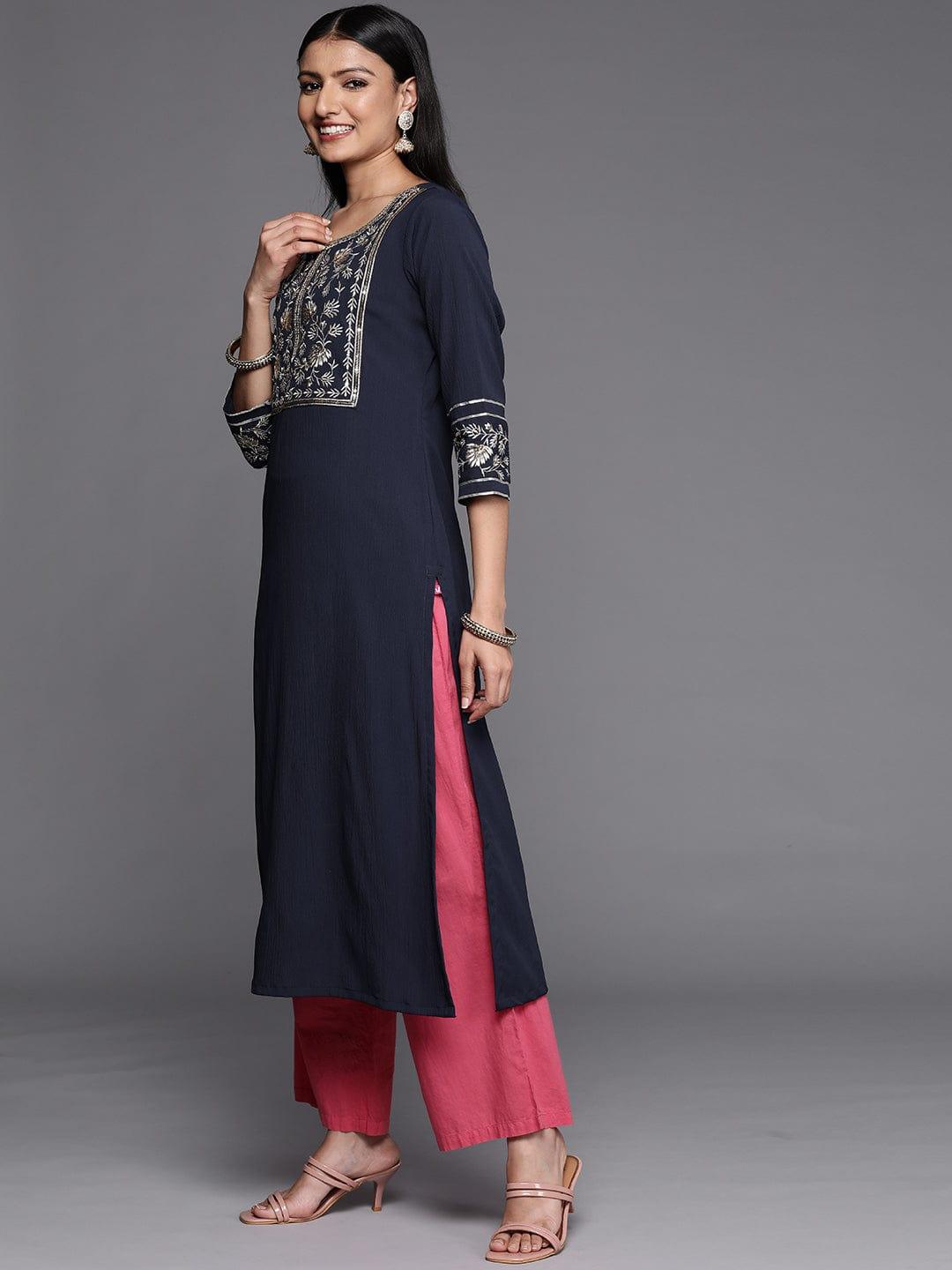 Varanga Women Navy Blue Ethnic Motifs Yoke Design Sequined Kurta - Indiakreations