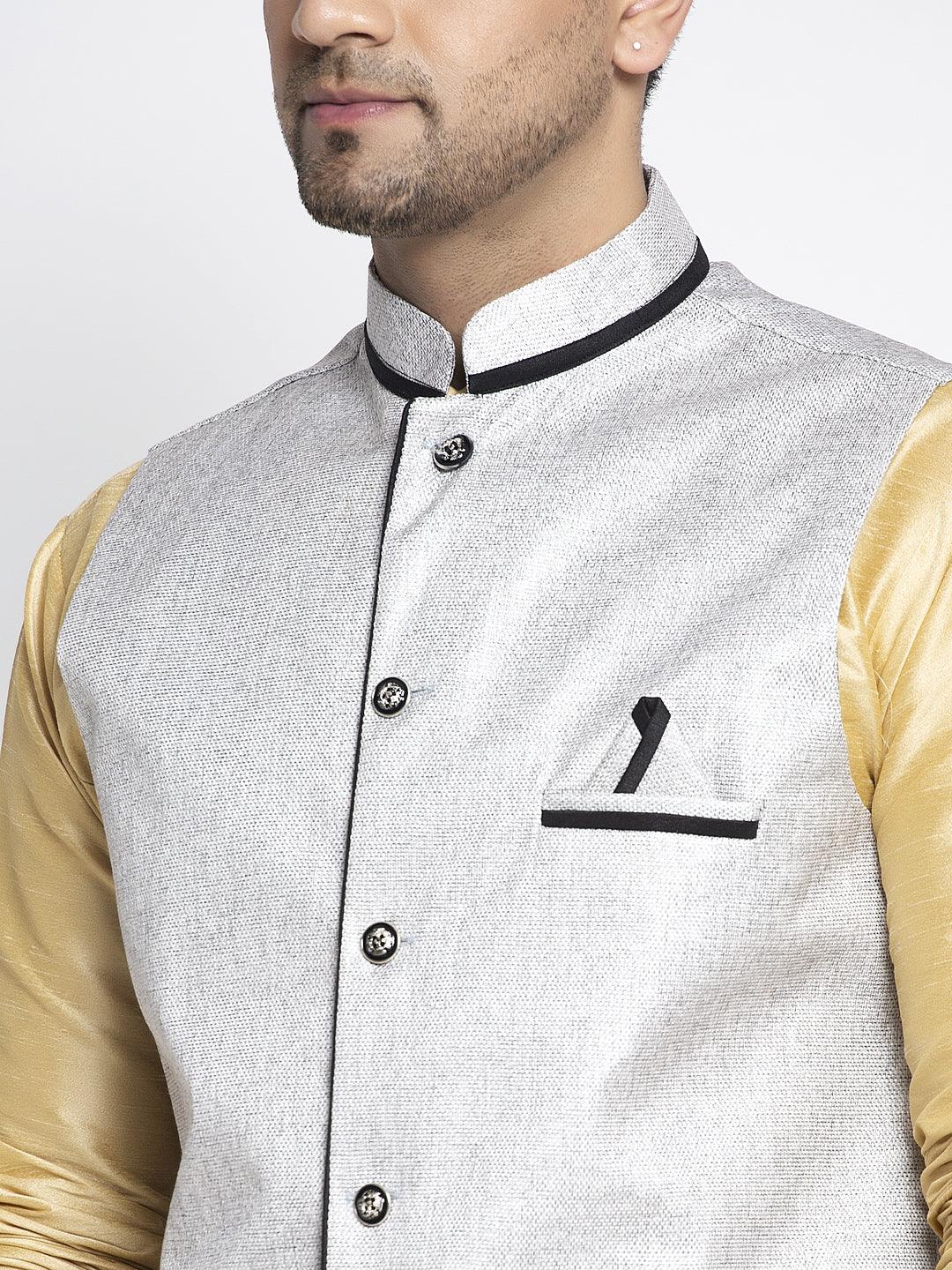 Men's Silk Blend Gold Kurta With Pyjama & Grey Nehru Jacket - Benstoke - Indiakreations