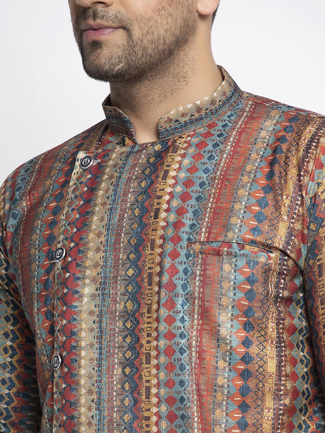 Men's Rust & Multicolor Asymmetric Printed Short Kurta - Benstoke - Indiakreations