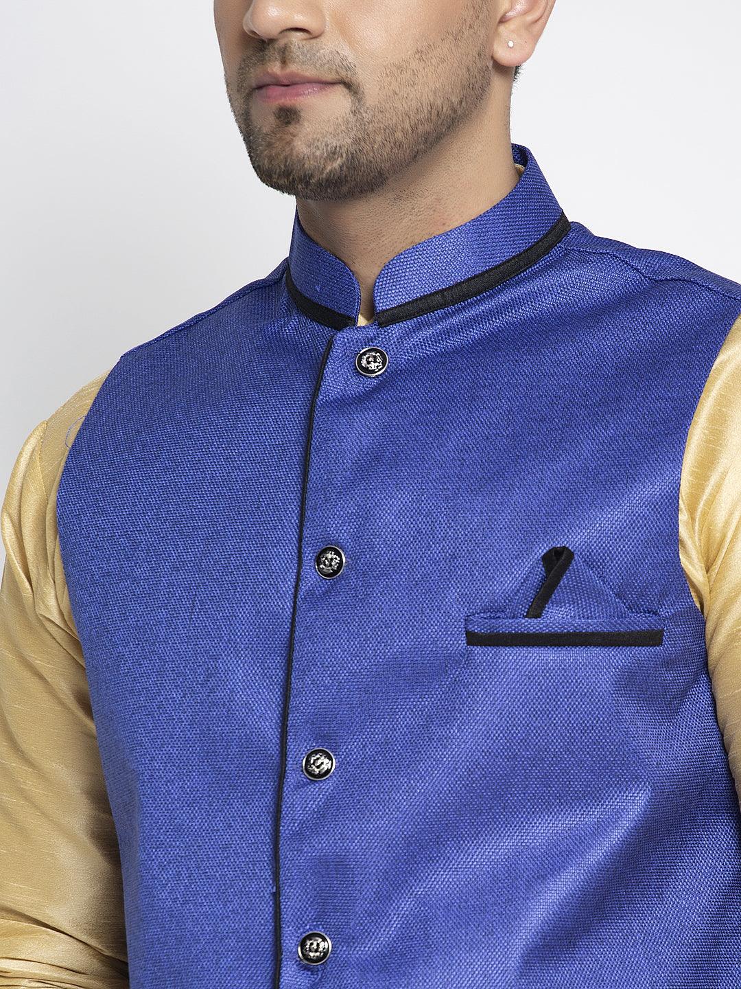 Men's Silk Blend Gold Kurta With Pyjama & Royal Blue Nehru Jacket - Benstoke - Indiakreations