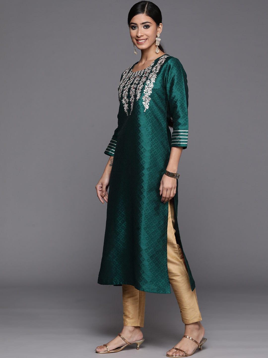 Varanga Women Green & Golden Floral Yoke Design Gotta Patti Jacquard Kurta - Indiakreations