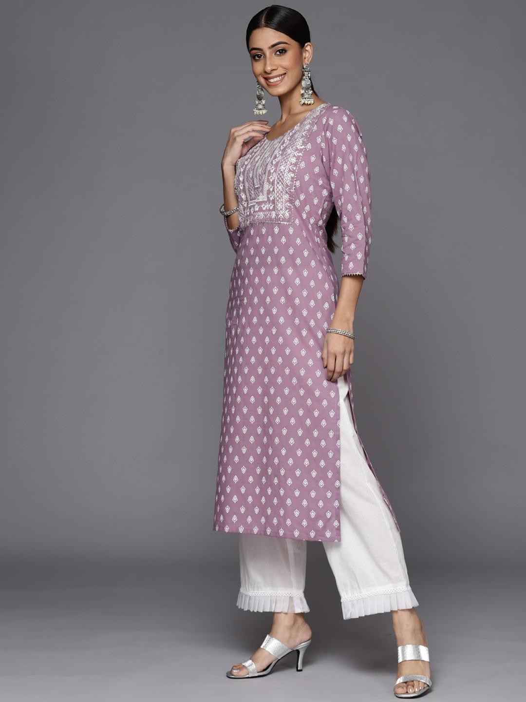 Varanga Women Mauve & Off White Ethnic Motifs Printed Gotta Patti Kurta - Indiakreations