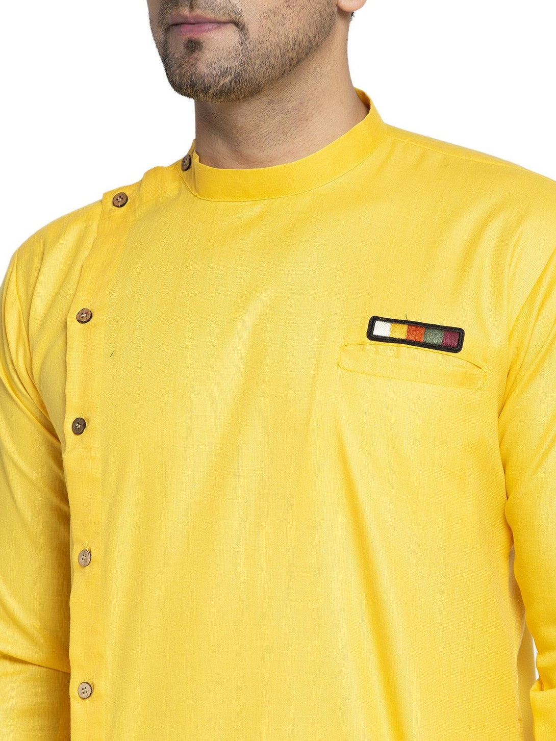 Men's Cotton Yellow Asymmetric Solid Kurta With White Trousers - Benstoke - Indiakreations