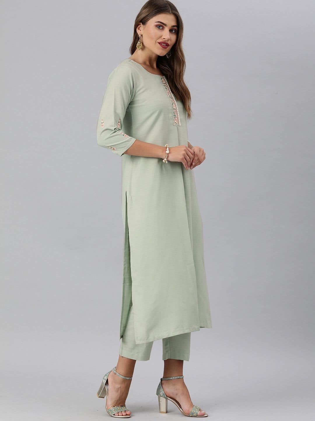 KSUT Sea Green Floral Embroidery Kurta With Palazzo - Indiakreations