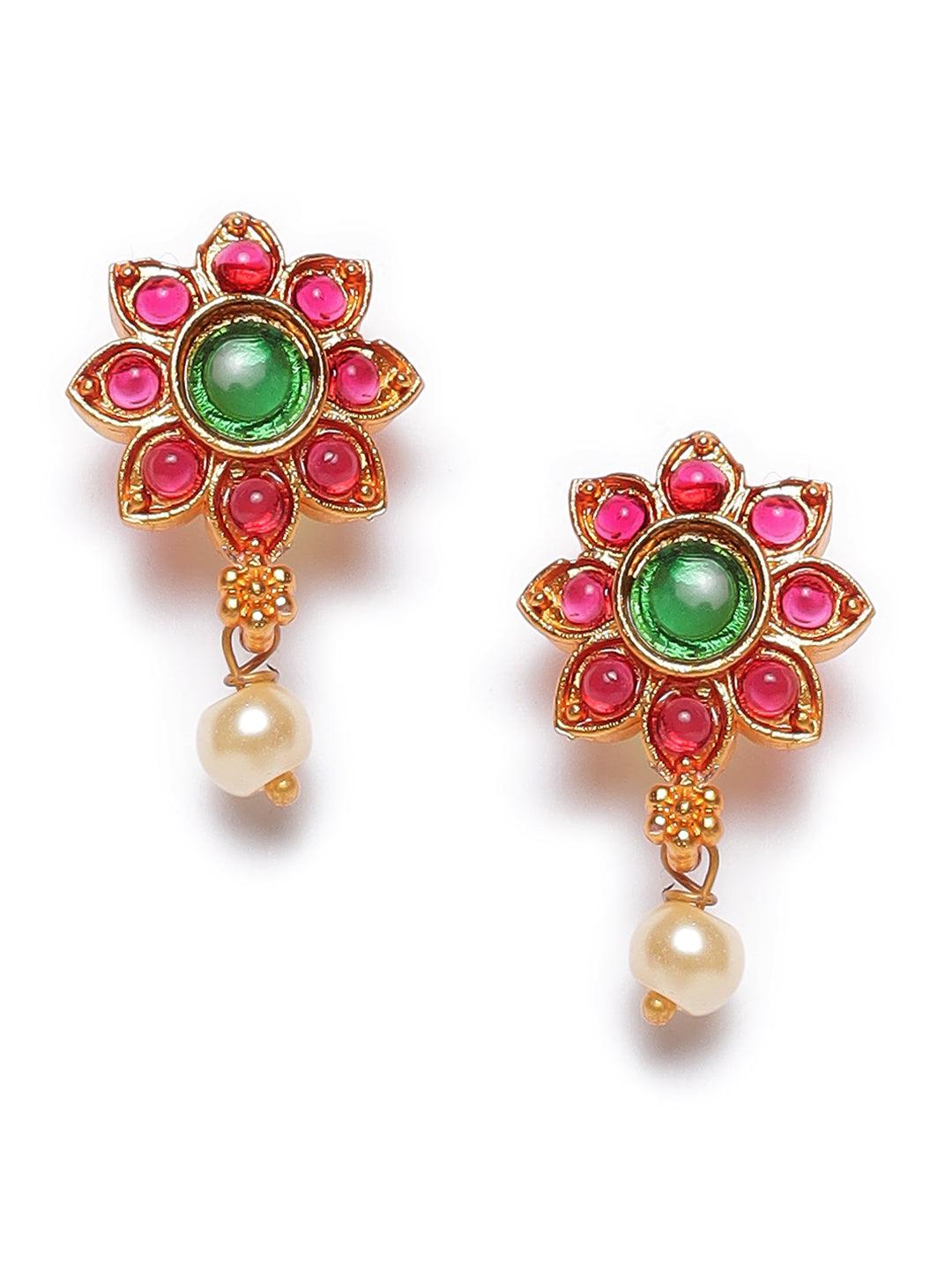 Women's Pink & Green Gold-Plated Stone-Studded & Beaded Handcrafted Jewellery Set - Jazz and Sizzle - Indiakreations