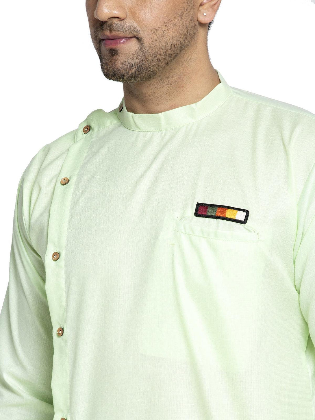 Men's Cotton Green Asymmetric Solid Kurta With White Trousers - Benstoke - Indiakreations