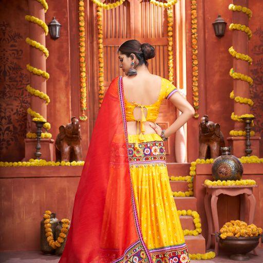 Trendy Navratri Cotton Silk Lehenga Choli In Yellow And Orange - Indiakreations