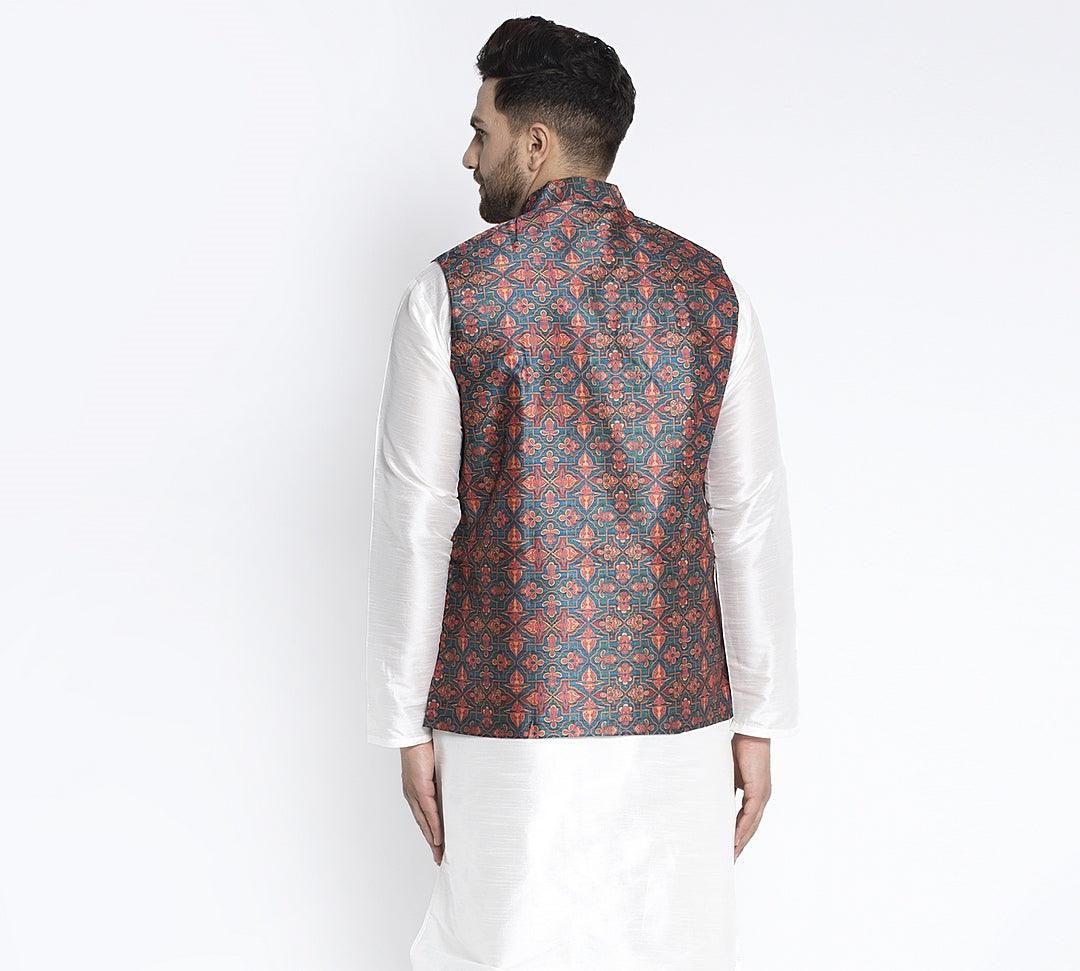 Men's Green & Orange Printed Nehru Jacket - Benstoke - Indiakreations