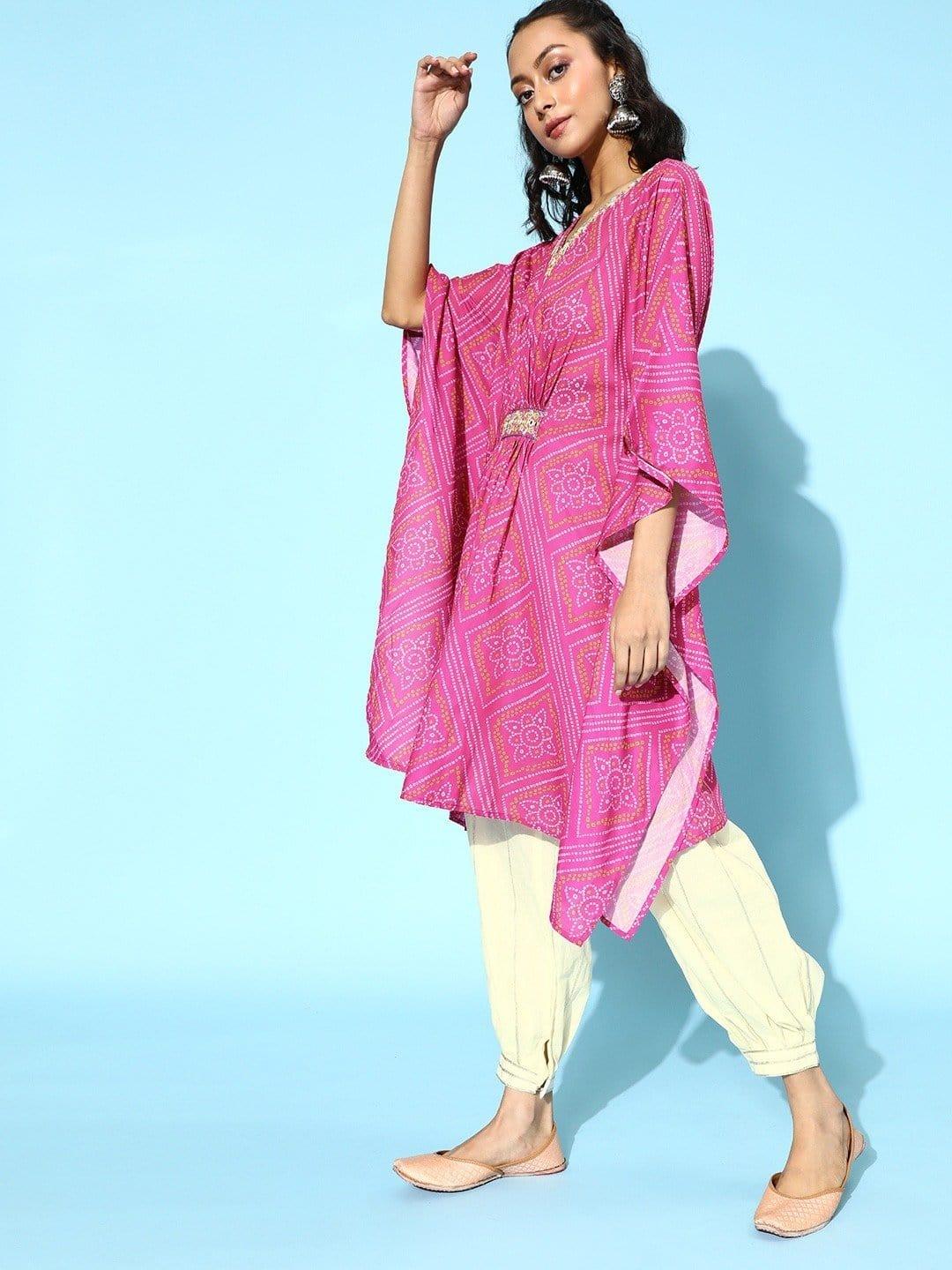 Pink Bandhej Printed Kaftan With Resham Embroidery And Gota Embellished Ballon Trouser - Indiakreations