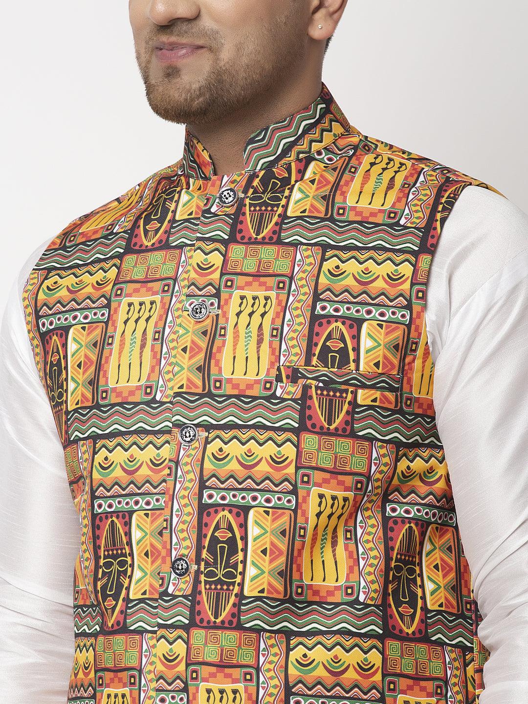 Men's Yellow & Black Printed Nehru Jacket - Benstoke - Indiakreations