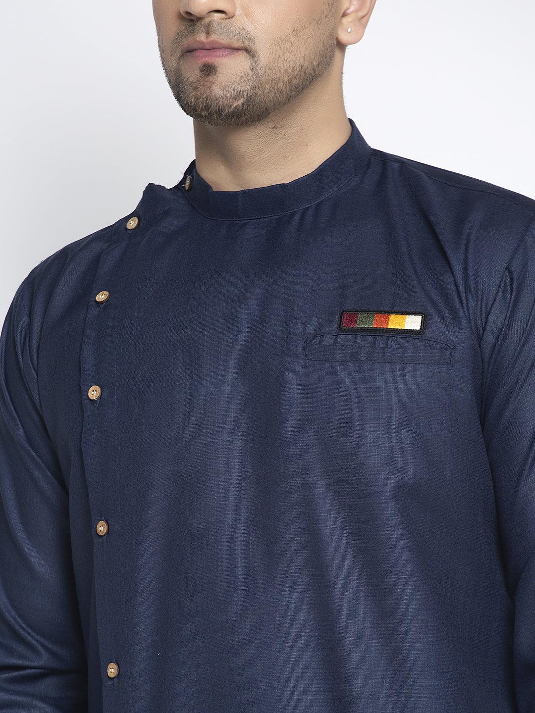 Men's Navy Blue Solid Short Kurta - Benstoke - Indiakreations